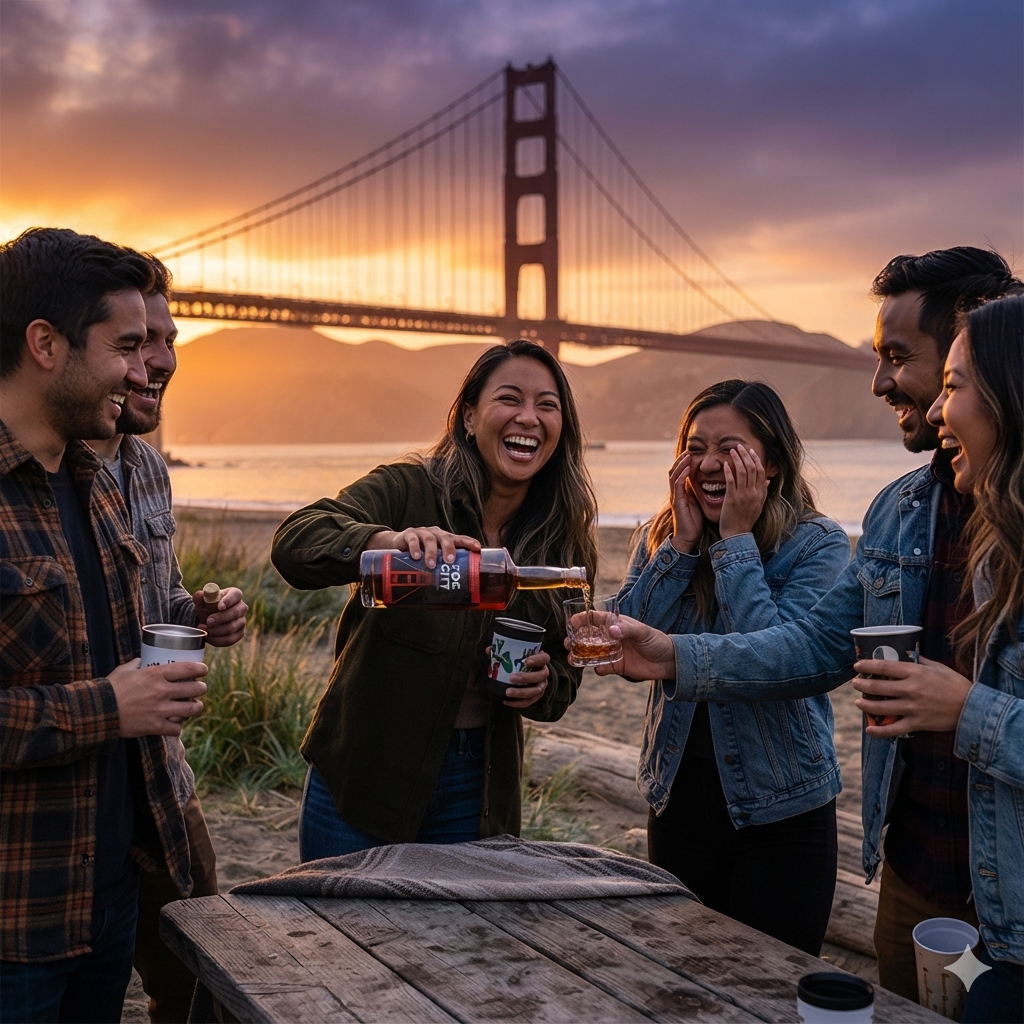 Friends sharing Fog City Bourbon at sunset near the Golden Gate Bridge